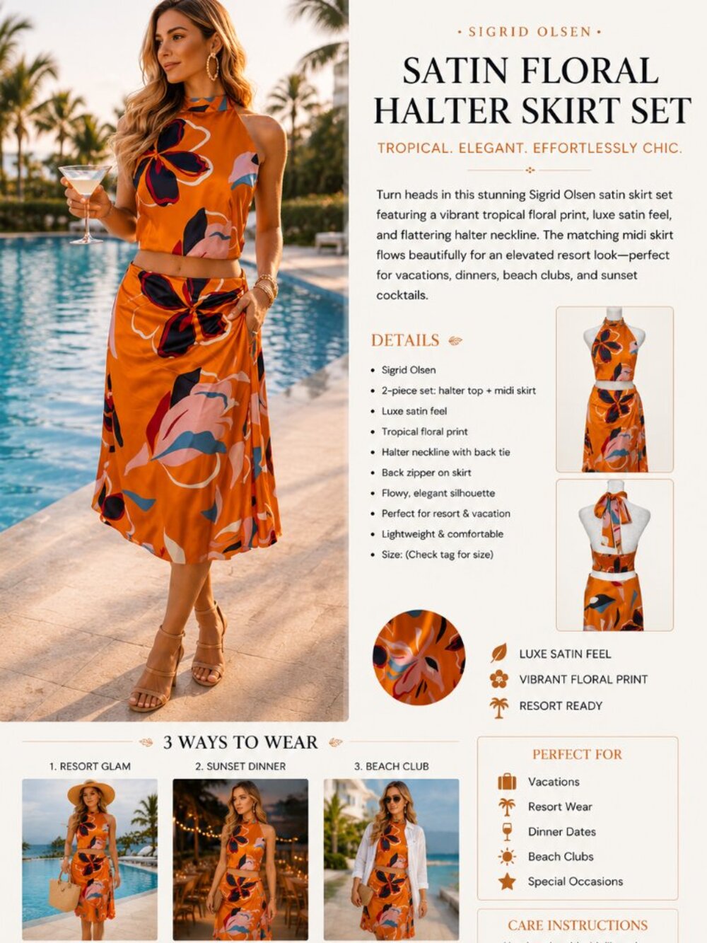 Sigrid Olsen Halter & Skirt Set Tropical Satin Resort Vacation Glam Beachy
